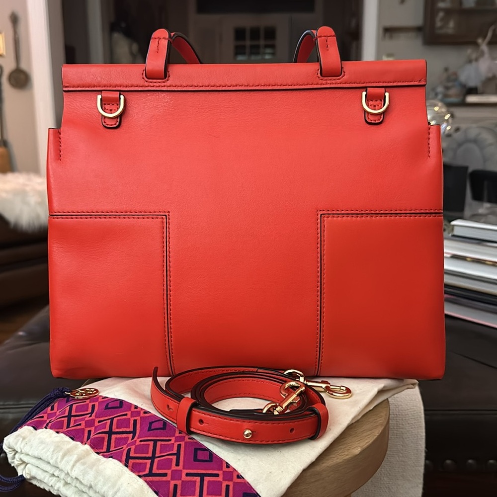TORY BURCH Block T Leather Top Handle Crossbody Bag in Red, EUC - Picture 3 of 16